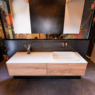 Badkamermeubelset Mondiaz Erin 150 cm met 2 Lades met RIDGE Wastafel Rechts Talc Zonder Kraangaten Greeploos Mat Washed Oak