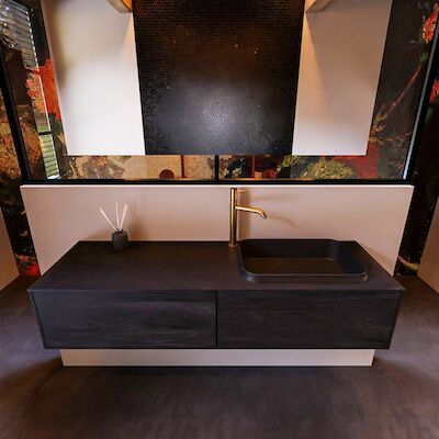 Badkamermeubelset Mondiaz Erin 150 cm met 2 Lades met RIDGE Wastafel Rechts Urban met 1 kraangat Greeploos Mat Antracite