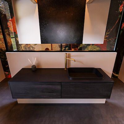 Badkamermeubelset Mondiaz Erin 150 cm met 2 Lades met RIDGE Wastafel Rechts Urban met 1 kraangat Greeploos Mat Dark Brown