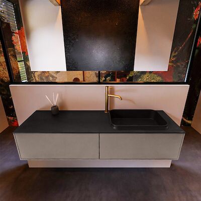 Badkamermeubelset Mondiaz Erin 150 cm met 2 Lades met RIDGE Wastafel Rechts Urban met 1 kraangat Greeploos Mat Smoke