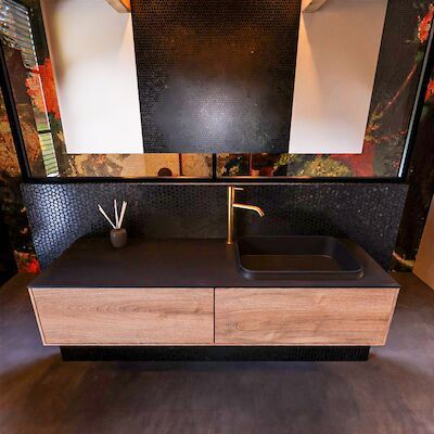 Badkamermeubelset Mondiaz Erin 150 cm met 2 Lades met RIDGE Wastafel Rechts Urban met 1 kraangat Greeploos Mat Washed Oak