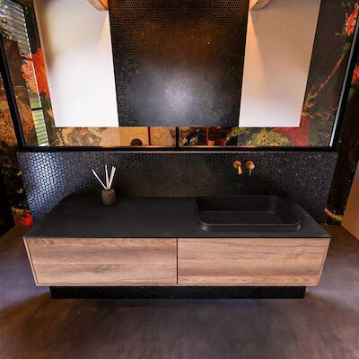 Badkamermeubelset Mondiaz Erin 150 cm met 2 Lades met RIDGE Wastafel Rechts Urban Zonder Kraangaten Greeploos Mat Dark Brown Grey