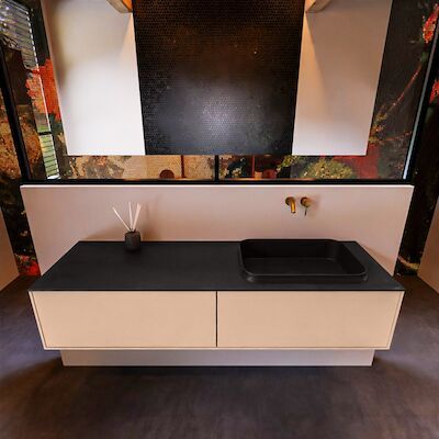 Badkamermeubelset Mondiaz Erin 150 cm met 2 Lades met RIDGE Wastafel Rechts Urban Zonder Kraangaten Greeploos Mat Rosee