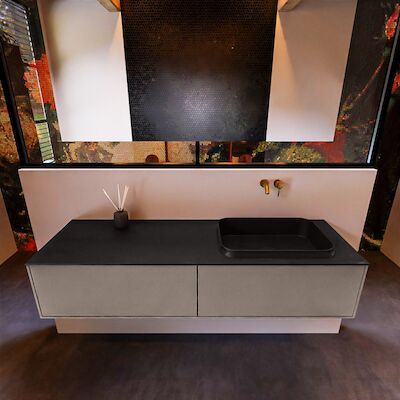 Badkamermeubelset Mondiaz Erin 150 cm met 2 Lades met RIDGE Wastafel Rechts Urban Zonder Kraangaten Greeploos Mat Smoke