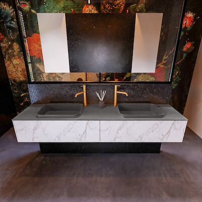 Badkamermeubelset Mondiaz Erin 200 cm met 2 Lades met RIDGE Wastafel Dubbel Dark grey met 2 kraangaten Greeploos Mat Carrara