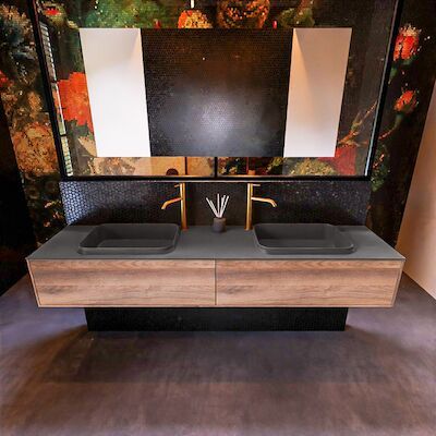 Badkamermeubelset Mondiaz Erin 200 cm met 2 Lades met RIDGE Wastafel Dubbel Dark grey met 2 kraangaten Greeploos Mat Dark Brown Grey