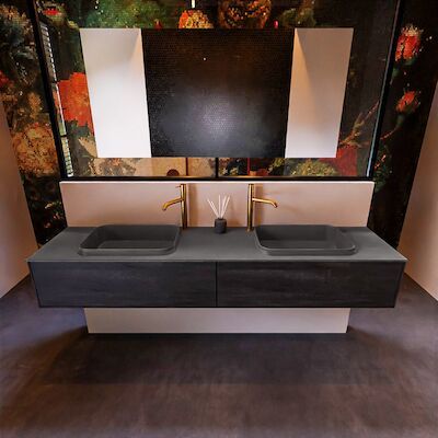 Badkamermeubelset Mondiaz Erin 200 cm met 2 Lades met RIDGE Wastafel Dubbel Dark grey met 2 kraangaten Greeploos Mat Dark Brown