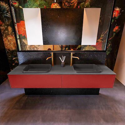 Badkamermeubelset Mondiaz Erin 200 cm met 2 Lades met RIDGE Wastafel Dubbel Dark grey met 2 kraangaten Greeploos Mat Fire