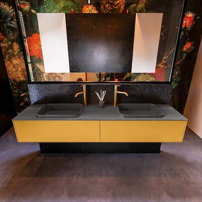 Badkamermeubelset Mondiaz Erin 200 cm met 2 Lades met RIDGE Wastafel Dubbel Dark grey met 2 kraangaten Greeploos Mat Ocher