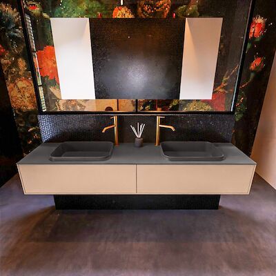 Badkamermeubelset Mondiaz Erin 200 cm met 2 Lades met RIDGE Wastafel Dubbel Dark grey met 2 kraangaten Greeploos Mat Rosee