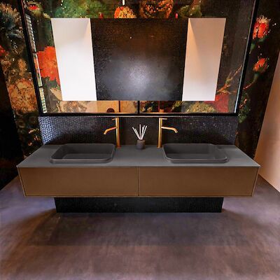 Badkamermeubelset Mondiaz Erin 200 cm met 2 Lades met RIDGE Wastafel Dubbel Dark grey met 2 kraangaten Greeploos Mat Rust