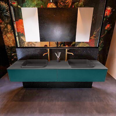 Badkamermeubelset Mondiaz Erin 200 cm met 2 Lades met RIDGE Wastafel Dubbel Dark grey met 2 kraangaten Greeploos Mat Smag