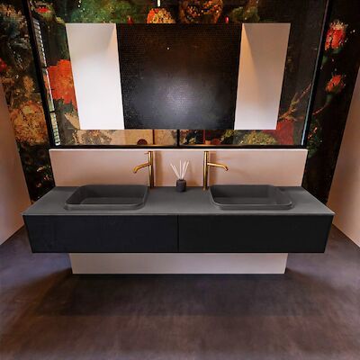 Badkamermeubelset Mondiaz Erin 200 cm met 2 Lades met RIDGE Wastafel Dubbel Dark grey met 2 kraangaten Greeploos Mat Urban