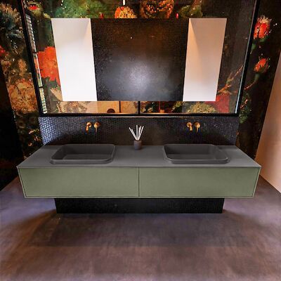 Badkamermeubelset Mondiaz Erin 200 cm met 2 Lades met RIDGE Wastafel Dubbel Dark grey Zonder Kraangaten Greeploos Mat Army