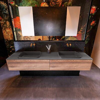 Badkamermeubelset Mondiaz Erin 200 cm met 2 Lades met RIDGE Wastafel Dubbel Dark grey Zonder Kraangaten Greeploos Mat Dark Brown Grey