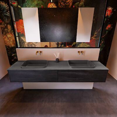 Badkamermeubelset Mondiaz Erin 200 cm met 2 Lades met RIDGE Wastafel Dubbel Dark grey Zonder Kraangaten Greeploos Mat Dark Brown