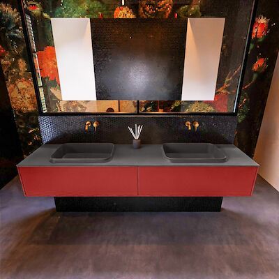 Badkamermeubelset Mondiaz Erin 200 cm met 2 Lades met RIDGE Wastafel Dubbel Dark grey Zonder Kraangaten Greeploos Mat Fire