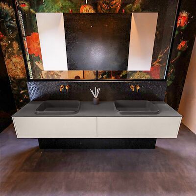 Badkamermeubelset Mondiaz Erin 200 cm met 2 Lades met RIDGE Wastafel Dubbel Dark grey Zonder Kraangaten Greeploos Mat Linen