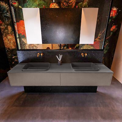 Badkamermeubelset Mondiaz Erin 200 cm met 2 Lades met RIDGE Wastafel Dubbel Dark grey Zonder Kraangaten Greeploos Mat Smoke