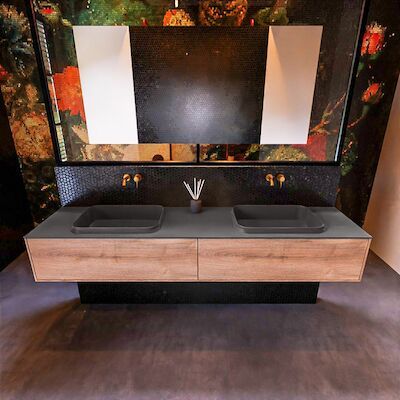 Badkamermeubelset Mondiaz Erin 200 cm met 2 Lades met RIDGE Wastafel Dubbel Dark grey Zonder Kraangaten Greeploos Mat Washed Oak