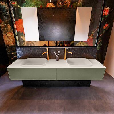 Badkamermeubelset Mondiaz Erin 200 cm met 2 Lades met RIDGE Wastafel Dubbel Linen met 2 kraangaten Greeploos Mat Army