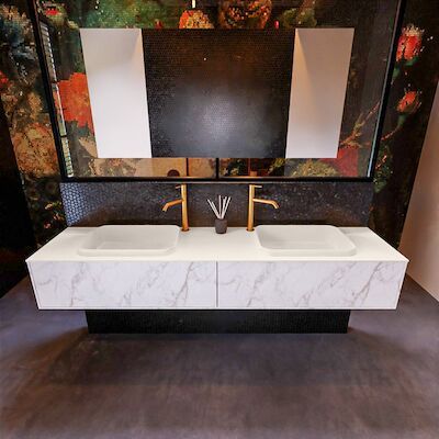Badkamermeubelset Mondiaz Erin 200 cm met 2 Lades met RIDGE Wastafel Dubbel Linen met 2 kraangaten Greeploos Mat Carrara