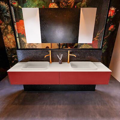 Badkamermeubelset Mondiaz Erin 200 cm met 2 Lades met RIDGE Wastafel Dubbel Linen met 2 kraangaten Greeploos Mat Fire