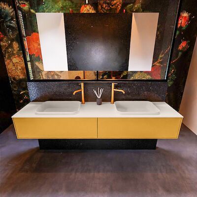 Badkamermeubelset Mondiaz Erin 200 cm met 2 Lades met RIDGE Wastafel Dubbel Linen met 2 kraangaten Greeploos Mat Ocher