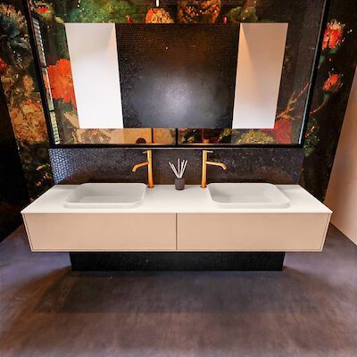 Badkamermeubelset Mondiaz Erin 200 cm met 2 Lades met RIDGE Wastafel Dubbel Linen met 2 kraangaten Greeploos Mat Rosee