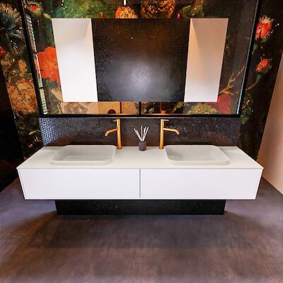 Badkamermeubelset Mondiaz Erin 200 cm met 2 Lades met RIDGE Wastafel Dubbel Linen met 2 kraangaten Greeploos Mat Talc