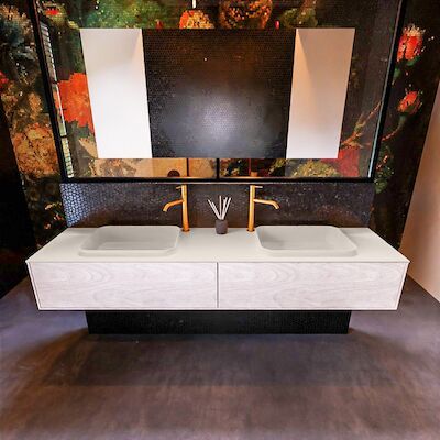 Badkamermeubelset Mondiaz Erin 200 cm met 2 Lades met RIDGE Wastafel Dubbel Linen met 2 kraangaten Greeploos Mat Underlayment