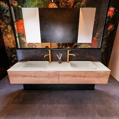 Badkamermeubelset Mondiaz Erin 200 cm met 2 Lades met RIDGE Wastafel Dubbel Linen met 2 kraangaten Greeploos Mat Washed Oak