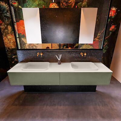 Badkamermeubelset Mondiaz Erin 200 cm met 2 Lades met RIDGE Wastafel Dubbel Linen Zonder Kraangaten Greeploos Mat Army