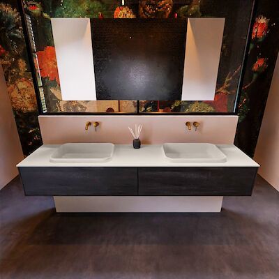 Badkamermeubelset Mondiaz Erin 200 cm met 2 Lades met RIDGE Wastafel Dubbel Linen Zonder Kraangaten Greeploos Mat Dark Brown