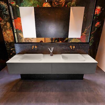 Badkamermeubelset Mondiaz Erin 200 cm met 2 Lades met RIDGE Wastafel Dubbel Linen Zonder Kraangaten Greeploos Mat Dark Grey