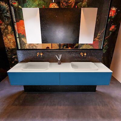 Badkamermeubelset Mondiaz Erin 200 cm met 2 Lades met RIDGE Wastafel Dubbel Linen Zonder Kraangaten Greeploos Mat Jeans