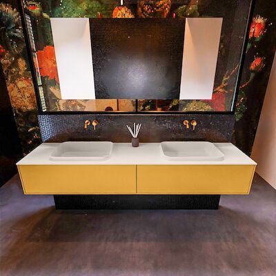 Badkamermeubelset Mondiaz Erin 200 cm met 2 Lades met RIDGE Wastafel Dubbel Linen Zonder Kraangaten Greeploos Mat Ocher