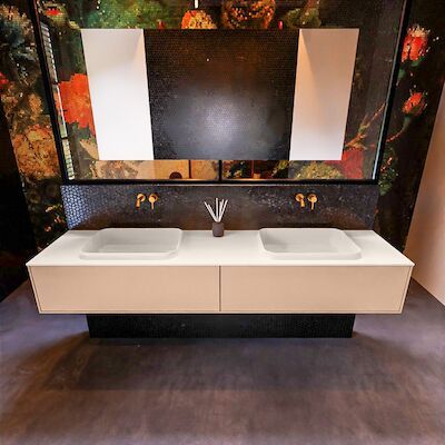 Badkamermeubelset Mondiaz Erin 200 cm met 2 Lades met RIDGE Wastafel Dubbel Linen Zonder Kraangaten Greeploos Mat Rosee