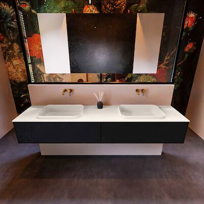 Badkamermeubelset Mondiaz Erin 200 cm met 2 Lades met RIDGE Wastafel Dubbel Linen Zonder Kraangaten Greeploos Mat Urban