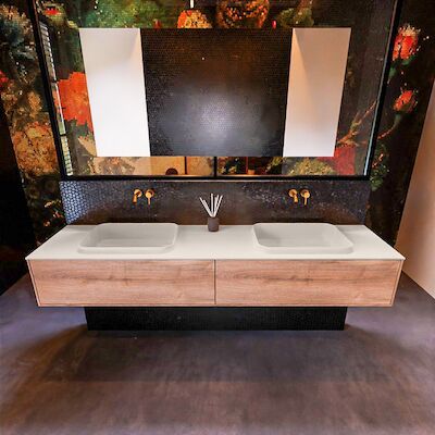 Badkamermeubelset Mondiaz Erin 200 cm met 2 Lades met RIDGE Wastafel Dubbel Linen Zonder Kraangaten Greeploos Mat Washed Oak