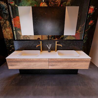Badkamermeubelset Mondiaz Erin 200 cm met 2 Lades met RIDGE Wastafel Dubbel Talc met 2 kraangaten Greeploos Mat Dark Brown Grey