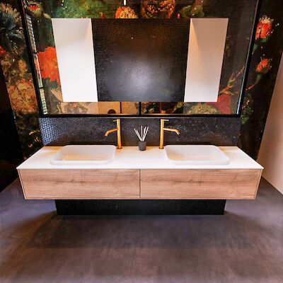 Badkamermeubelset Mondiaz Erin 200 cm met 2 Lades met RIDGE Wastafel Dubbel Talc met 2 kraangaten Greeploos Mat Washed Oak