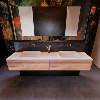 Badkamermeubelset Mondiaz Erin 200 cm met 2 Lades met RIDGE Wastafel Dubbel Talc Zonder Kraangaten Greeploos Mat Dark Brown Grey