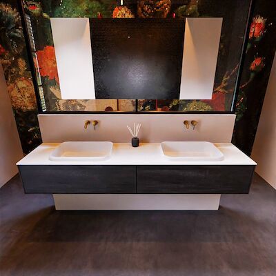 Badkamermeubelset Mondiaz Erin 200 cm met 2 Lades met RIDGE Wastafel Dubbel Talc Zonder Kraangaten Greeploos Mat Dark Brown
