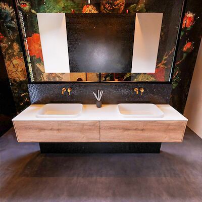Badkamermeubelset Mondiaz Erin 200 cm met 2 Lades met RIDGE Wastafel Dubbel Talc Zonder Kraangaten Greeploos Mat Washed Oak