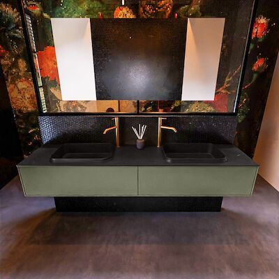 Badkamermeubelset Mondiaz Erin 200 cm met 2 Lades met RIDGE Wastafel Dubbel Urban met 2 kraangaten Greeploos Mat Army
