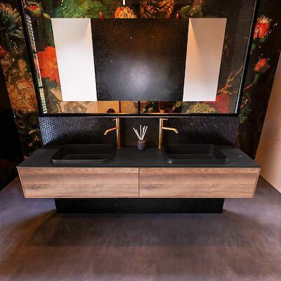 Badkamermeubelset Mondiaz Erin 200 cm met 2 Lades met RIDGE Wastafel Dubbel Urban met 2 kraangaten Greeploos Mat Dark Brown Grey
