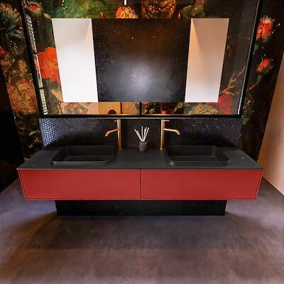 Badkamermeubelset Mondiaz Erin 200 cm met 2 Lades met RIDGE Wastafel Dubbel Urban met 2 kraangaten Greeploos Mat Fire