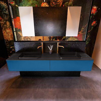 Badkamermeubelset Mondiaz Erin 200 cm met 2 Lades met RIDGE Wastafel Dubbel Urban met 2 kraangaten Greeploos Mat Jeans