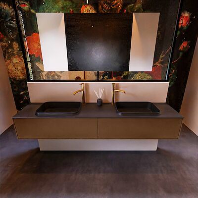 Badkamermeubelset Mondiaz Erin 200 cm met 2 Lades met RIDGE Wastafel Dubbel Urban met 2 kraangaten Greeploos Mat Rust
